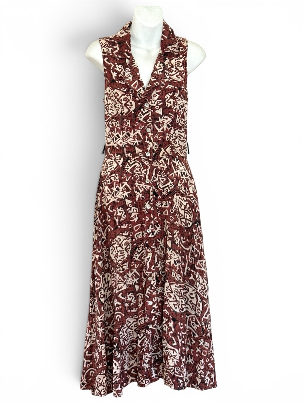 Vintage sleeveless midi dress 90’s tiki Hawaiian brown white tribal patter